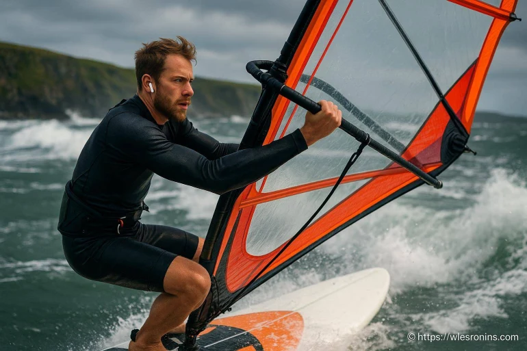Homme pratiquant la planche à voile en mer