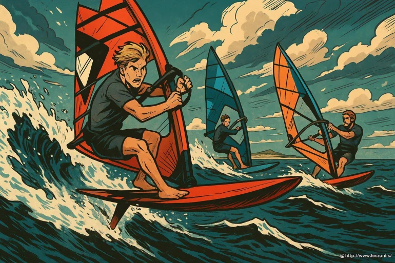 Trois hommes en planche à voile sur mer agitée