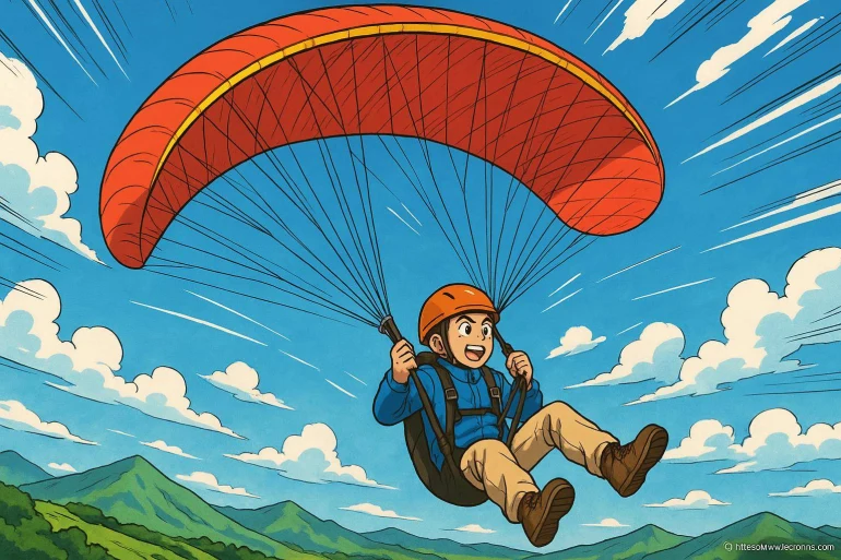 Jeune homme en parapente volant