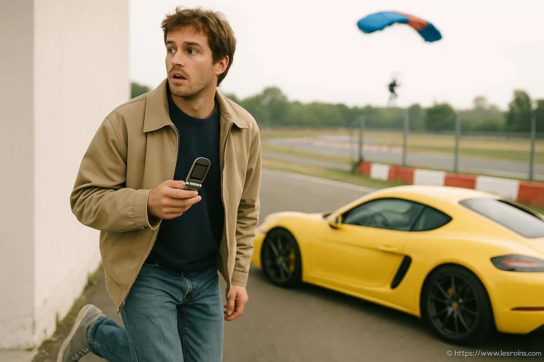 Homme surpris avec téléphone près voiture jaune