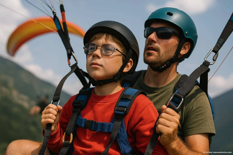 Enfant et adulte en parapente tandem