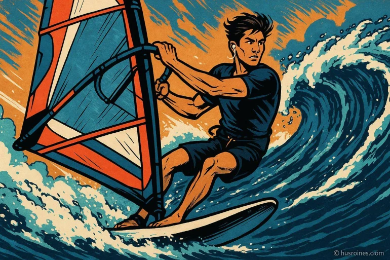Homme en planche à voile sur une vague