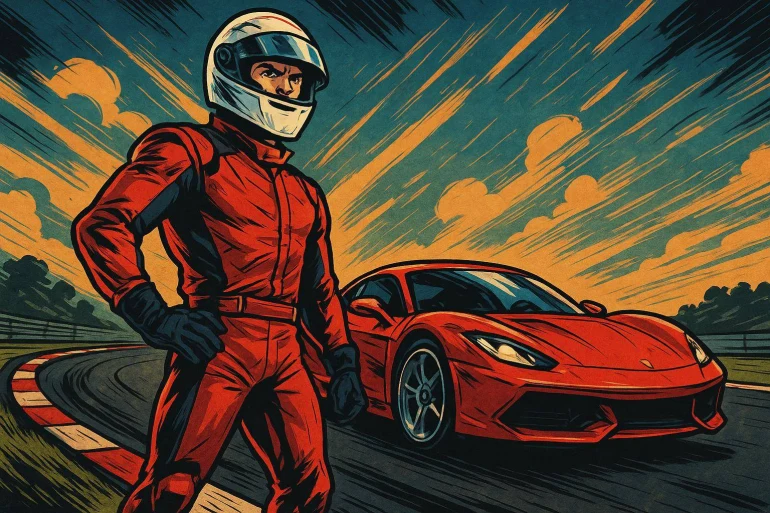 Pilote de course avec voiture rouge