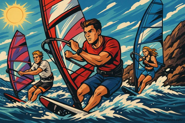 Trois personnes faisant de la planche à voile
