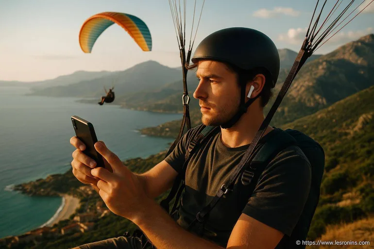 Homme parapente utilisant smartphone en vol