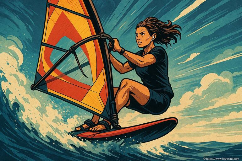 Femme planche à voile sur vague dynamique