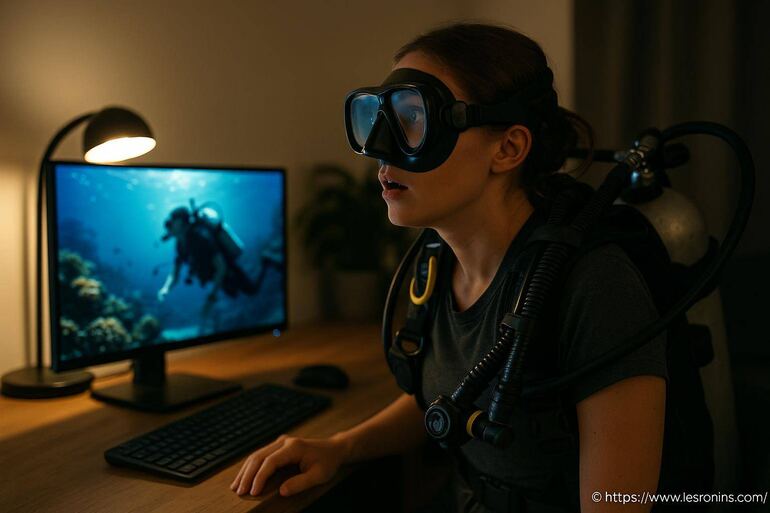 Femme en équipement de plongée devant un écran